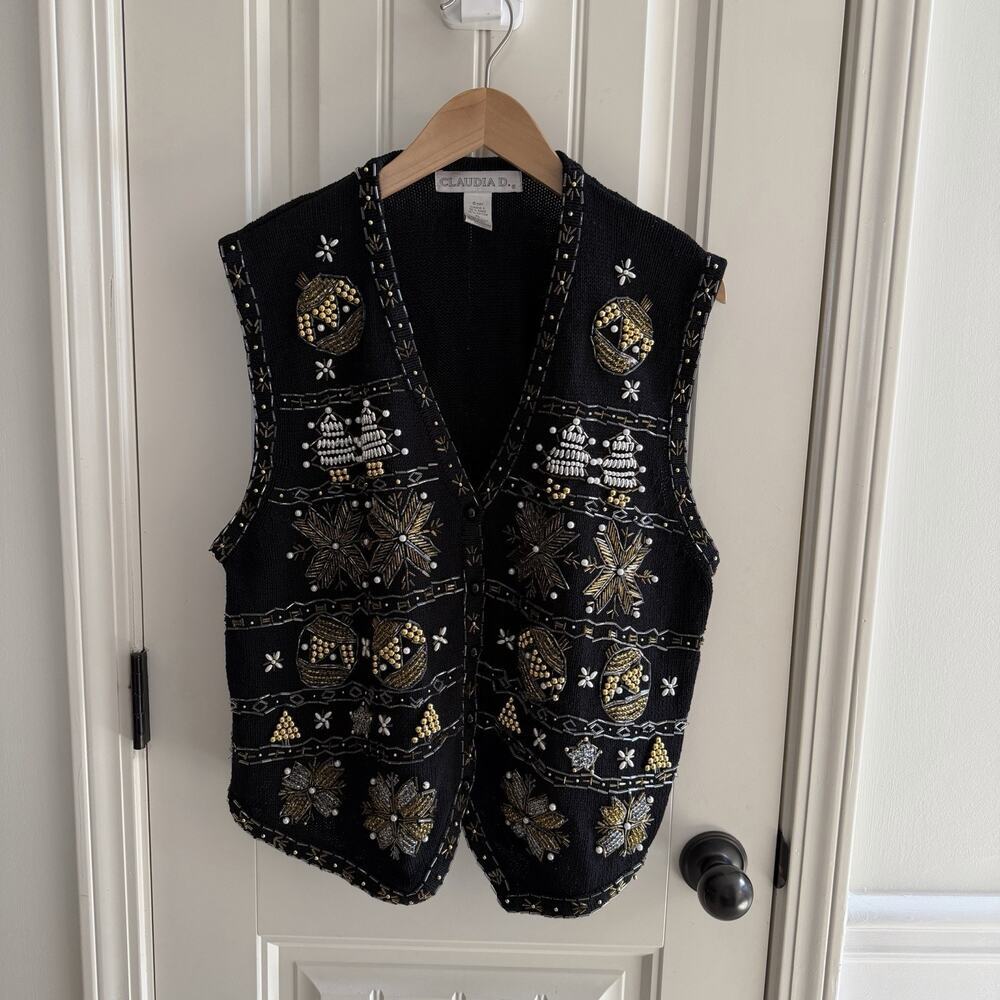 Vintage 1997 Claudia D. Women’s Winter Holiday Beaded Sweater Vest Size XL